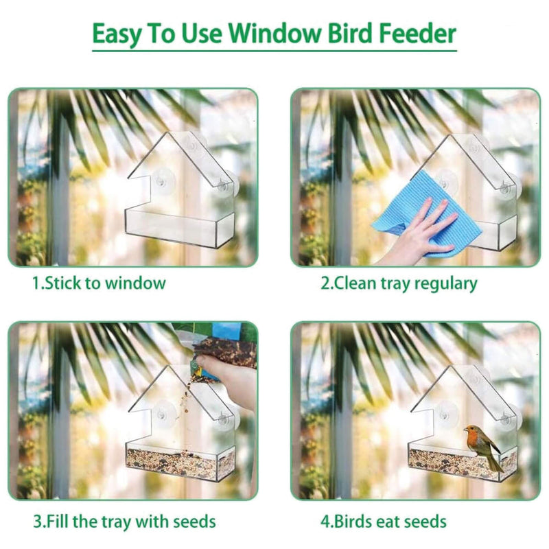 Window Bird Feeder with Strong Suction Cups & Easy Refill Large Acrylic Bird Feeder for Window 15x 15x7cm House Shape Design Feeders for Garden Outdoor Backyard Little Birds