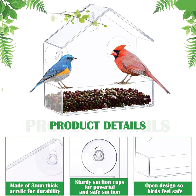 Window Bird Feeder with Strong Suction Cups & Easy Refill Large Acrylic Bird Feeder for Window 15x 15x7cm House Shape Design Feeders for Garden Outdoor Backyard Little Birds
