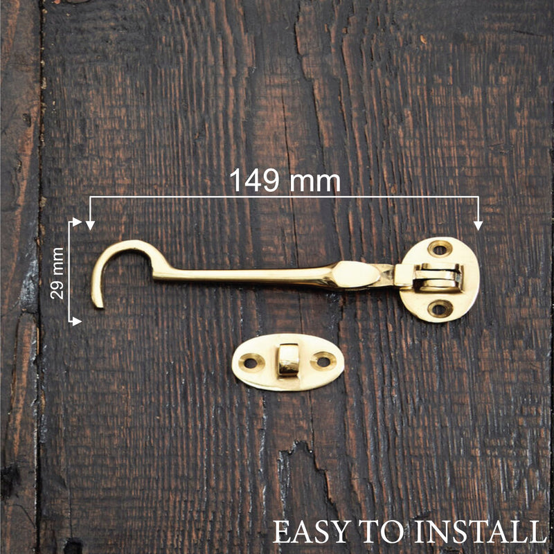 Brass Cabin Silent Hook Door Hook and Eye Latch Cabin Hook with Mounting Screws, Garden Gate Latches, Gate Hook Eye Latch, Latch Lock for Garage Door, Shed, Window Brass Hook (100mm)