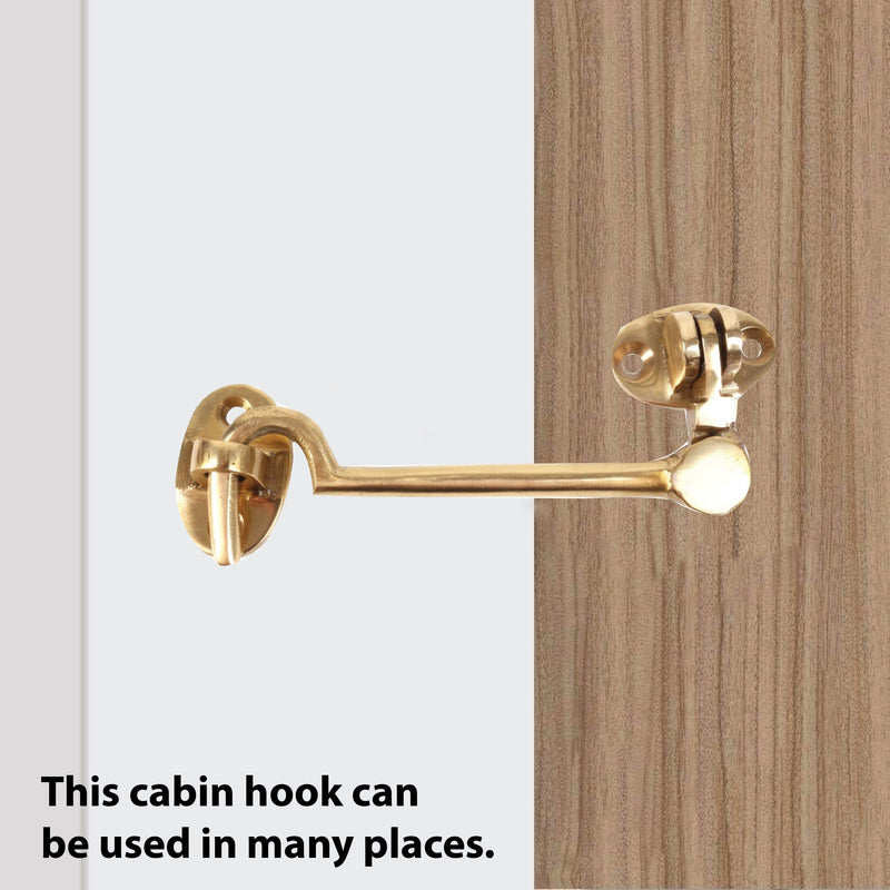 Brass Cabin Silent Hook Door Hook and Eye Latch Cabin Hook with Mounting Screws, Garden Gate Latches, Gate Hook Eye Latch, Latch Lock for Garage Door, Shed, Window Brass Hook (100mm)