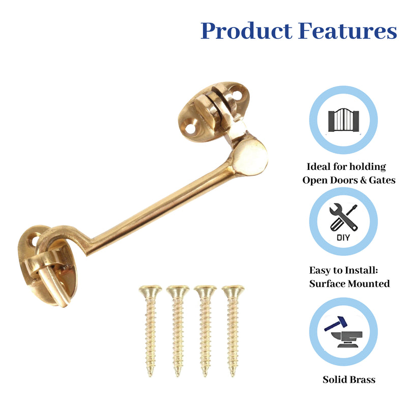 Brass Cabin Silent Hook Door Hook and Eye Latch Cabin Hook with Mounting Screws, Garden Gate Latches, Gate Hook Eye Latch, Latch Lock for Garage Door, Shed, Window Brass Hook (100mm)