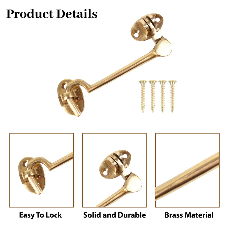 Brass Cabin Silent Hook Door Hook and Eye Latch Cabin Hook with Mounting Screws, Garden Gate Latches, Gate Hook Eye Latch, Latch Lock for Garage Door, Shed, Window Brass Hook (100mm)