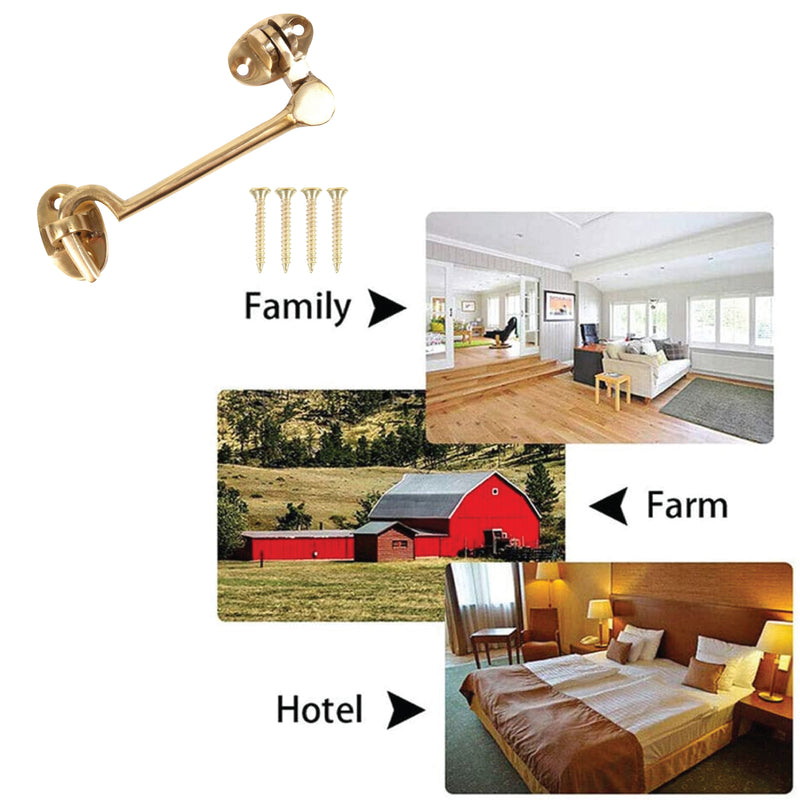 Brass Cabin Silent Hook Door Hook and Eye Latch Cabin Hook with Mounting Screws, Garden Gate Latches, Gate Hook Eye Latch, Latch Lock for Garage Door, Shed, Window Brass Hook (100mm)