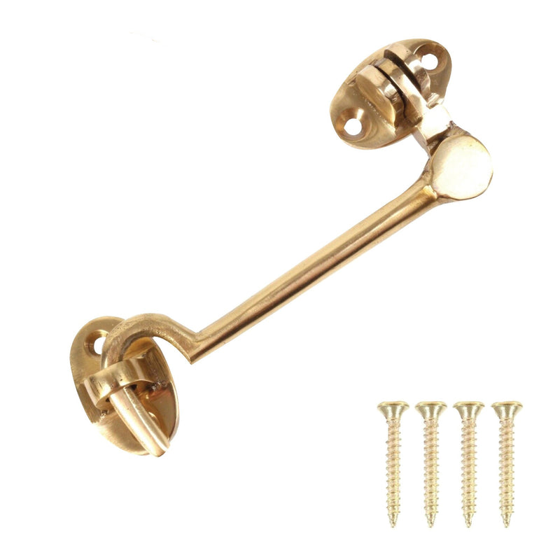 Brass Cabin Silent Hook Door Hook and Eye Latch Cabin Hook with Mounting Screws, Garden Gate Latches, Gate Hook Eye Latch, Latch Lock for Garage Door, Shed, Window Brass Hook (100mm)