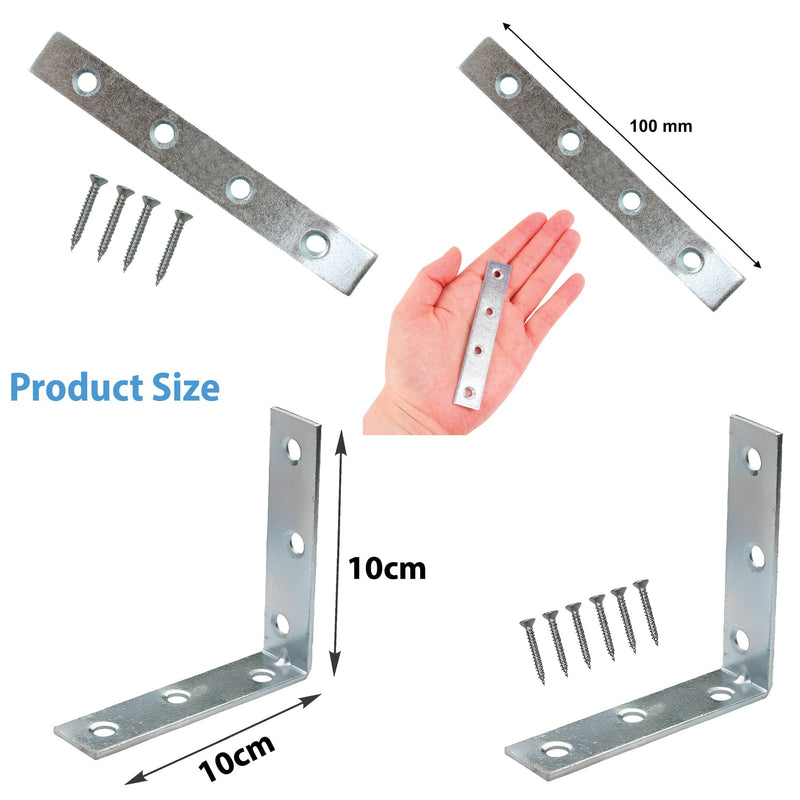 Bright Zinc Plated Corner Braces Brackets Plates, Joint Right Angle Bracket 90 Degree Corner Fastener for Wood Furniture Bedframe Cabinet Drawer Chair - 100mm (4 inch)