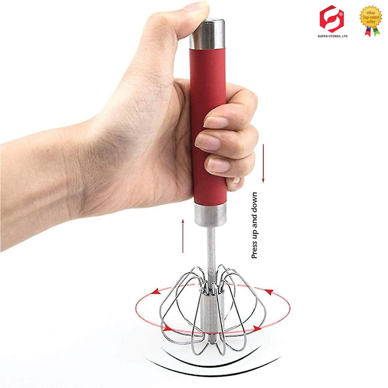 Stainless Steel Balloon Whisk, Semi Automatic Rotating Push Mixer Stirrer for Blending, Stirring (Size 12inch)