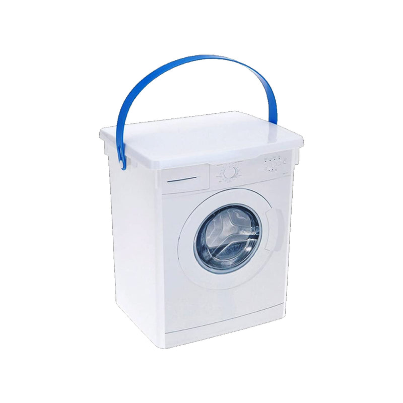 A white plastic laundry hamper designed to look like a front-loading washing machine, featuring a blue carrying handle on top and a circular transparent door.