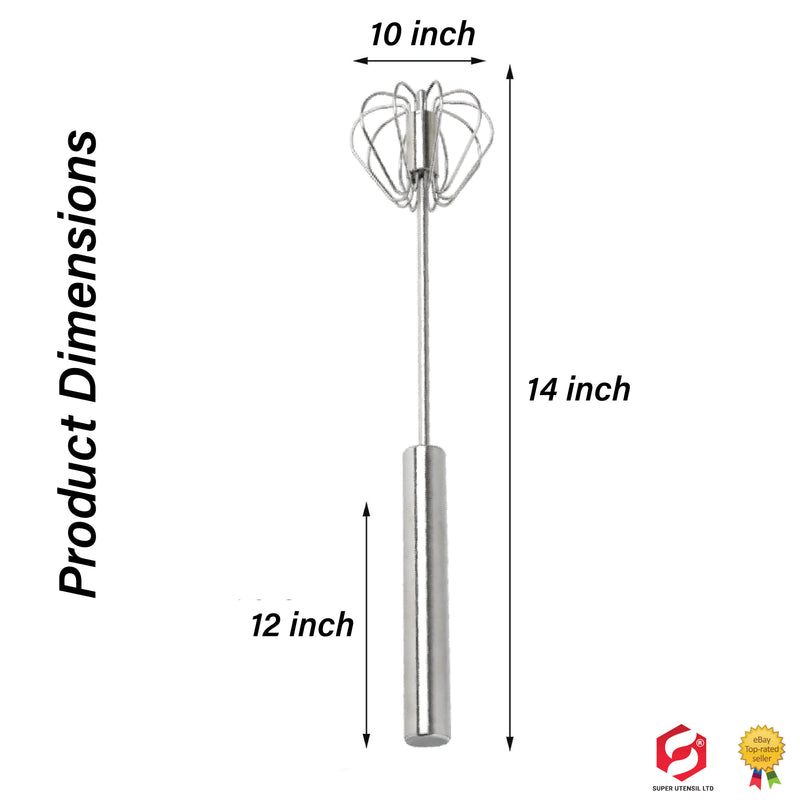 Stainless Steel Balloon Whisk, Semi Automatic Rotating Push Mixer Stirrer for Blending, Stirring (Size 12inch)