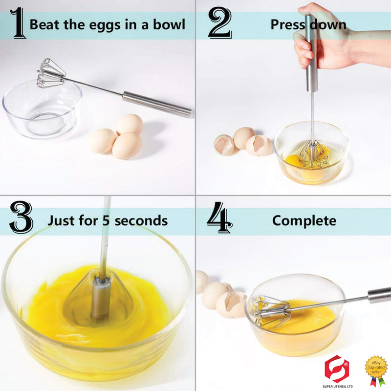 Stainless Steel Balloon Whisk, Semi Automatic Rotating Push Mixer Stirrer for Blending, Stirring (Size 12inch)