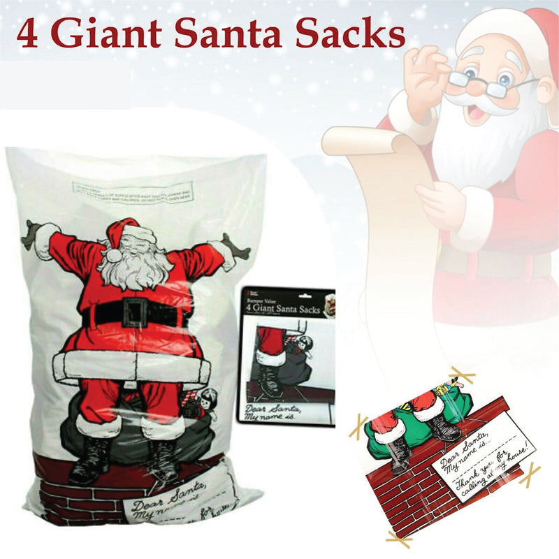 Christmas Santa Sacks, Large White Polythene Gift Bags, 75 cm x 50 cm, Pack of 4