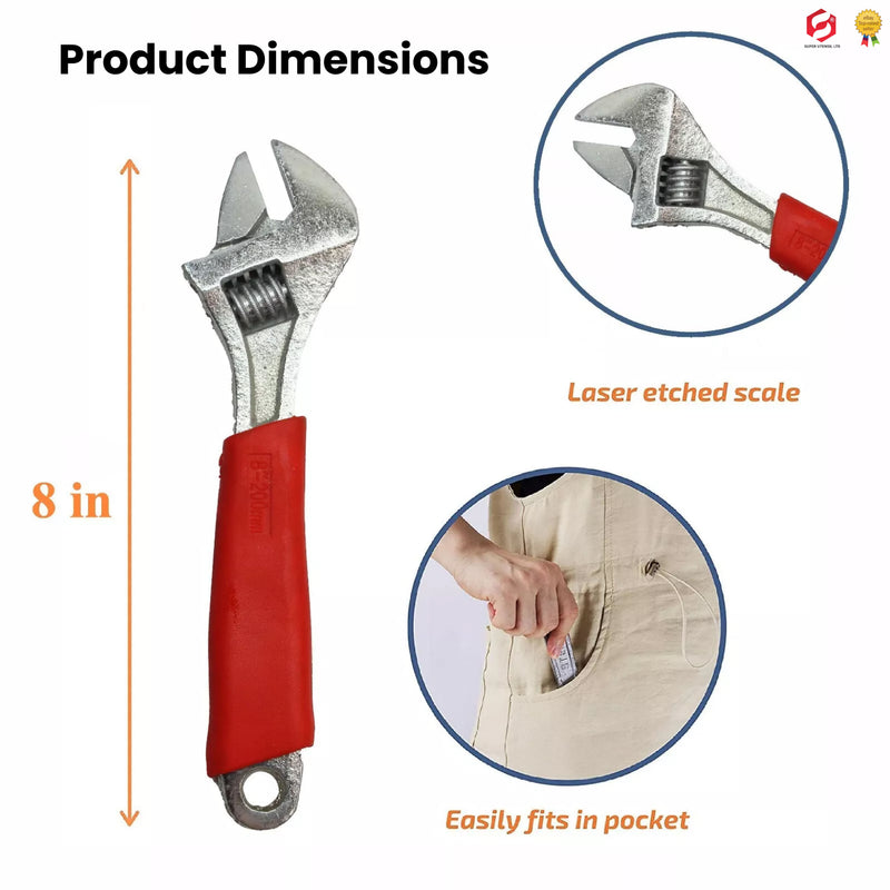 Adjustable Spanner, 8"/200mm, Chrome-Plated, High-Hardness Forged Metal, TPR Anti-Slip Rubber Handle, Multi-Tool Hand Wrench
