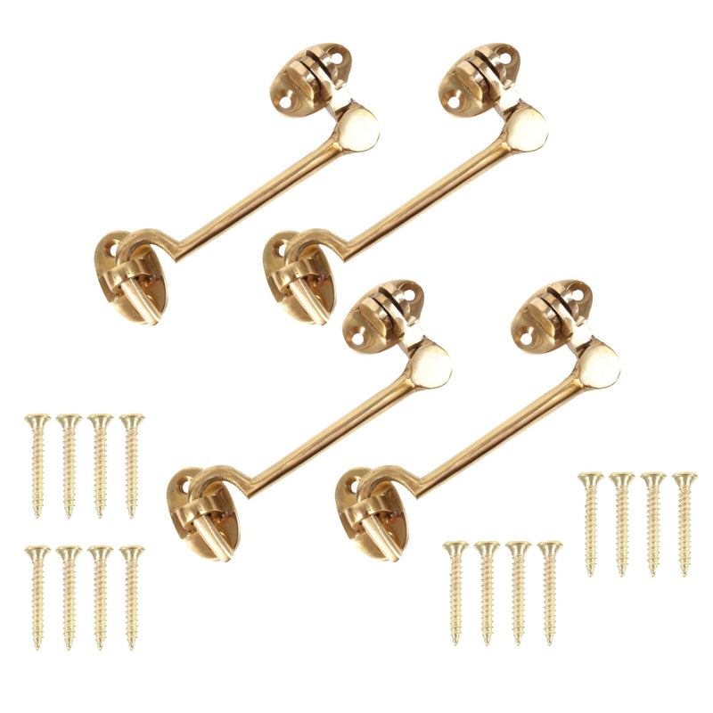 Brass Cabin Silent Hook Door Hook and Eye Latch Cabin Hook with Mounting Screws, Garden Gate Latches, Gate Hook Eye Latch, Latch Lock for Garage Door, Shed, Window Brass Hook (100mm)