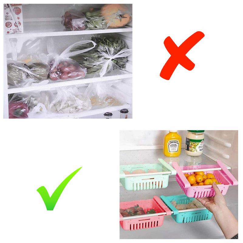 Fridge Drawer Organisers, Plastic Kitchen Pull-Out Retractable Drawer Organizer, Stretchable and Space Saving Storage Shelf Organiser for Fruits, Kitchen Worktop(4 Pack - Multicolour)