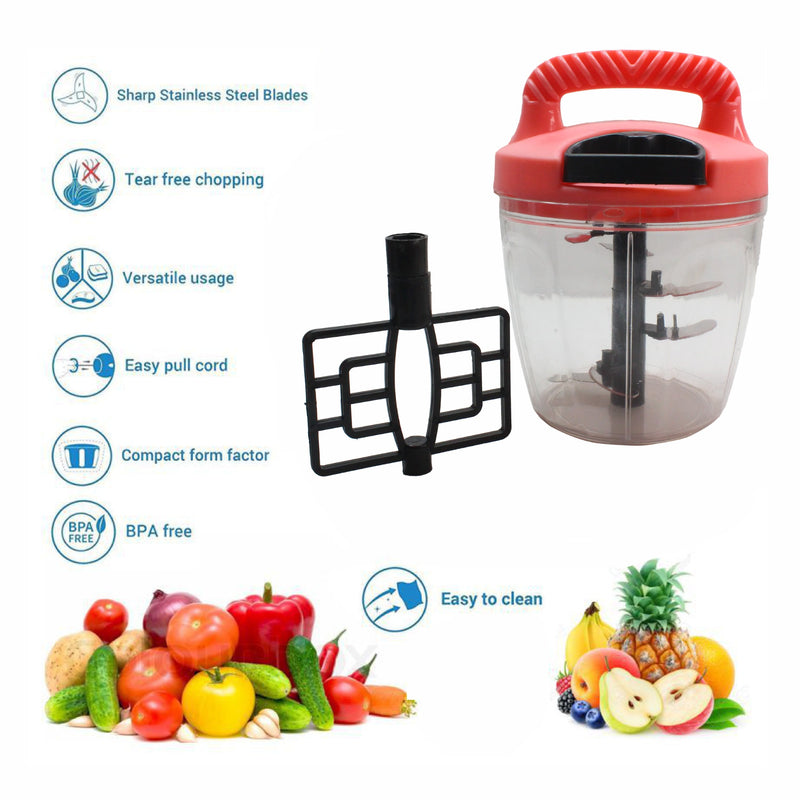 Manual Food Chopper, Pull String, BPA Free PP Plastic, 900ml, Pink, for Chopping Onion, Vegetables, Fruits, Nuts