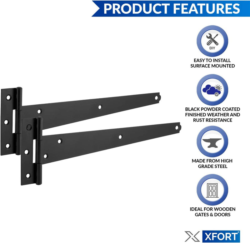 Gate Hinges, Weather & Rust Proof Black Powder Coated Tee Strap Black Door Hinges, Heavy Duty Tee Hinges with Screws for Barns Door Gates, Shed Doors Hinges, Garden Storage Rooms