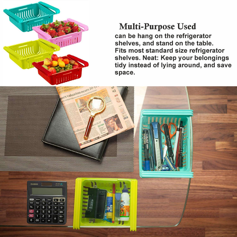 Fridge Drawer Organisers, Plastic Kitchen Pull-Out Retractable Drawer Organizer, Stretchable and Space Saving Storage Shelf Organiser for Fruits, Kitchen Worktop(4 Pack - Multicolour)