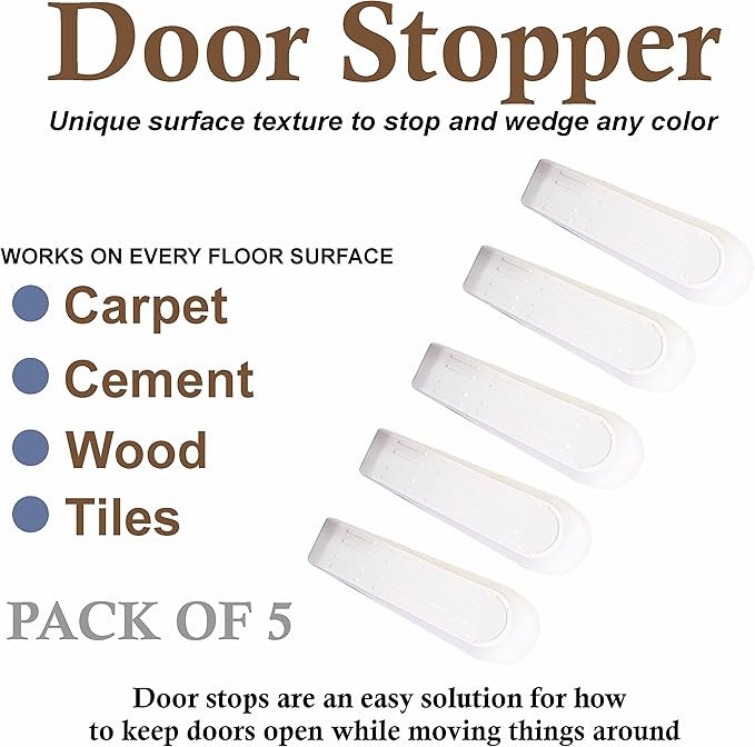 Door Wedges Stopper, Heavy Duty Plastic Door Stop Wedge Holder, Non Scratching Non Slip Door Stop Jammer Ideal for Homes, Offices Carpet, Wood, Cement and Laminate Floor - 5PK