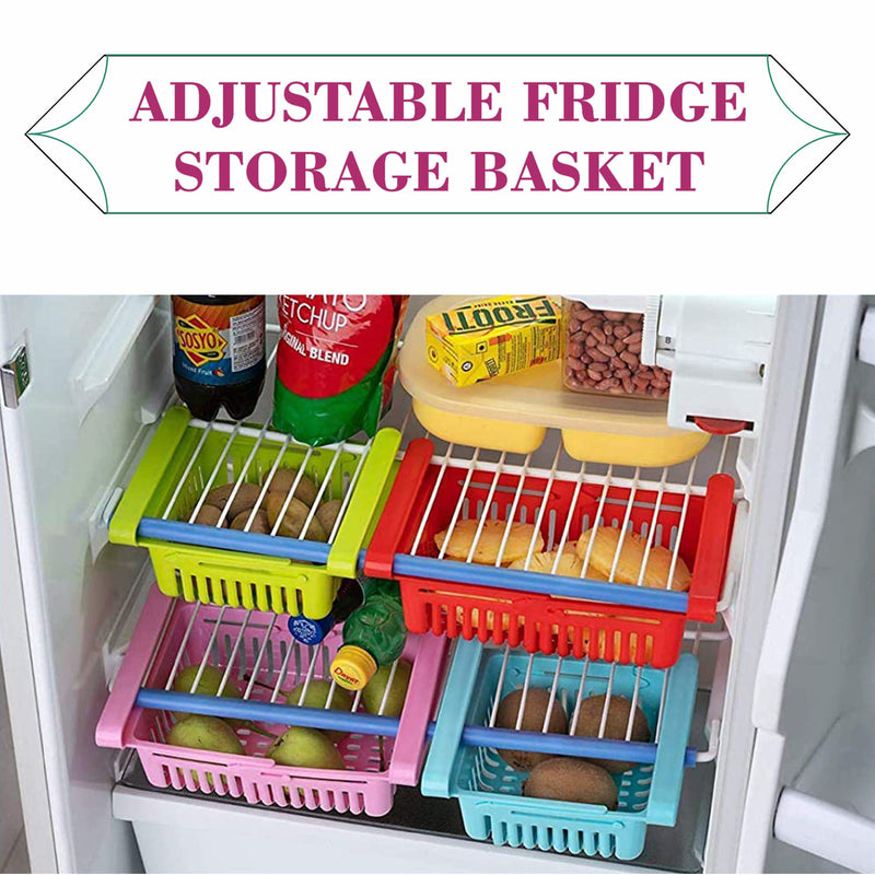 Fridge Drawer Organisers, Plastic Kitchen Pull-Out Retractable Drawer Organizer, Stretchable and Space Saving Storage Shelf Organiser for Fruits, Kitchen Worktop(4 Pack - Multicolour)