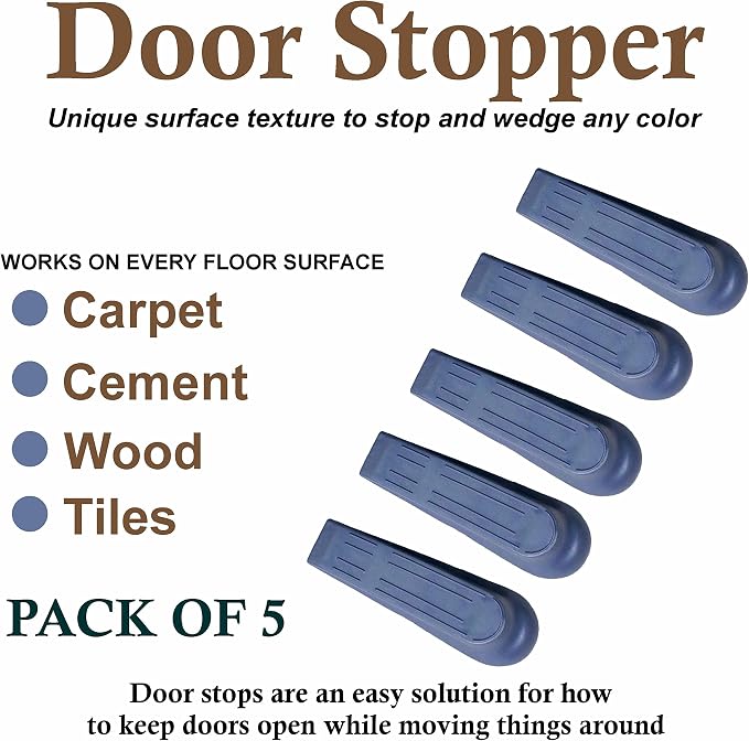 Door Wedges Stopper, Heavy Duty Plastic Door Stop Wedge Holder, Non Scratching Non Slip Door Stop Jammer Ideal for Homes, Offices Carpet, Wood, Cement and Laminate Floor - 5PK