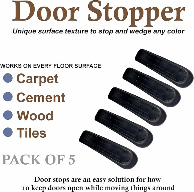 Door Wedges Stopper, Heavy Duty Plastic Door Stop Wedge Holder, Non Scratching Non Slip Door Stop Jammer Ideal for Homes, Offices Carpet, Wood, Cement and Laminate Floor - 5PK