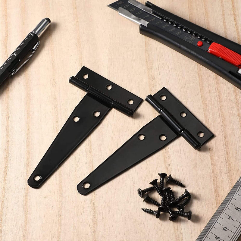Gate Hinges, Weather & Rust Proof Black Powder Coated Tee Strap Black Door Hinges, Heavy Duty Tee Hinges with Screws for Barns Door Gates, Shed Doors Hinges, Garden Storage Rooms