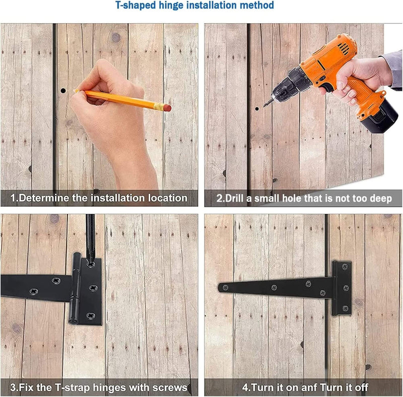 Gate Hinges, Weather & Rust Proof Black Powder Coated Tee Strap Black Door Hinges, Heavy Duty Tee Hinges with Screws for Barns Door Gates, Shed Doors Hinges, Garden Storage Rooms