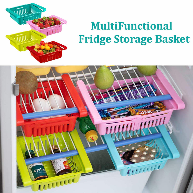 Fridge Drawer Organisers, Plastic Kitchen Pull-Out Retractable Drawer Organizer, Stretchable and Space Saving Storage Shelf Organiser for Fruits, Kitchen Worktop(4 Pack - Multicolour)