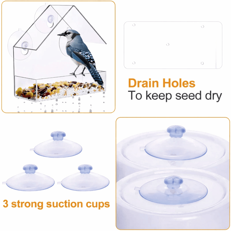 Window Bird Feeder with Strong Suction Cups & Easy Refill Large Acrylic Bird Feeder for Window 15x 15x7cm House Shape Design Feeders for Garden Outdoor Backyard Little Birds