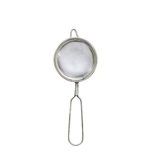 A metal mesh strainer with a long handle